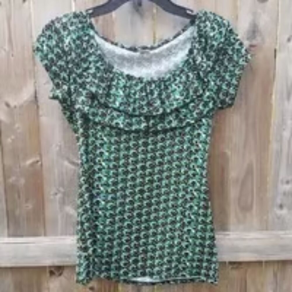 Women's Top Medium by Mixxedology LA Layered Ruffles Green Blue Floral NWOT